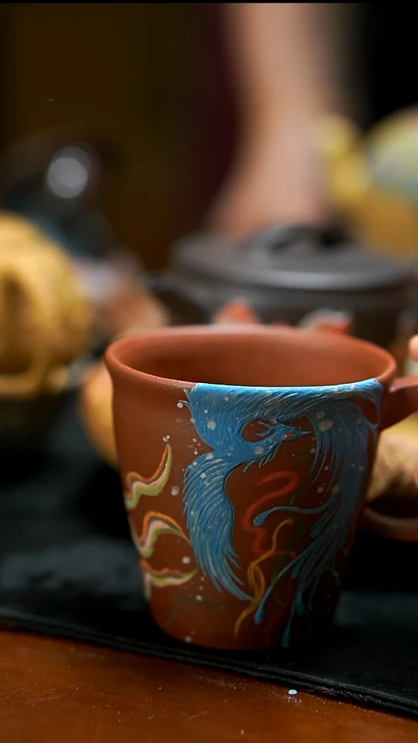 茶壶紫砂红皮龙凤凰手把杯