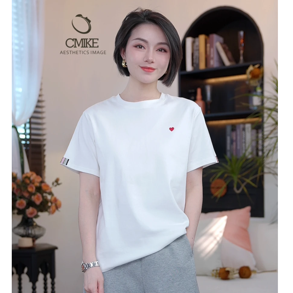 【蜜客原创】韩版百搭爱心刺绣T套头圆领百搭纯色T恤2501T000102