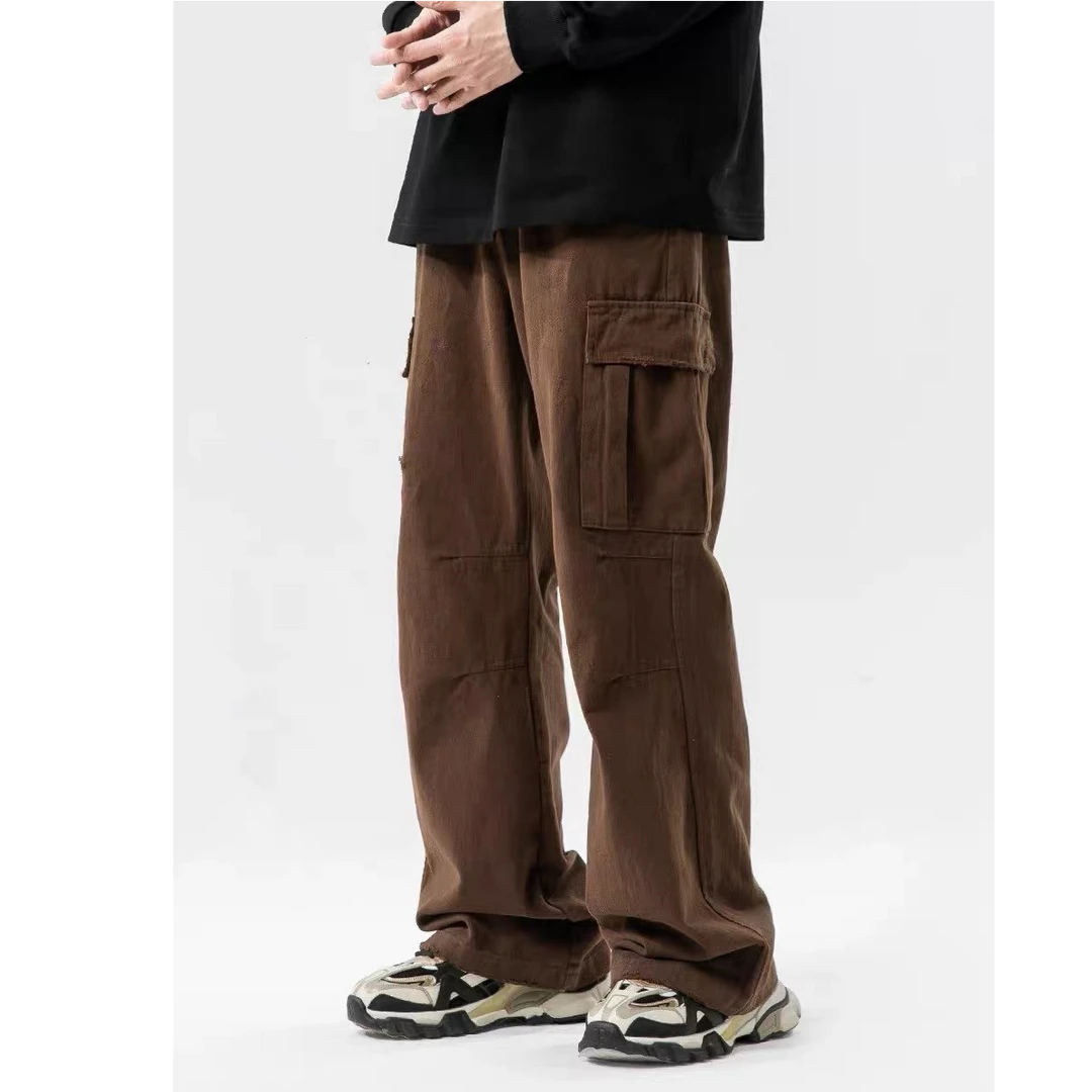 美拉德棕色工装裤男秋美式hiphop大口袋伞兵裤子高街复古休闲长裤