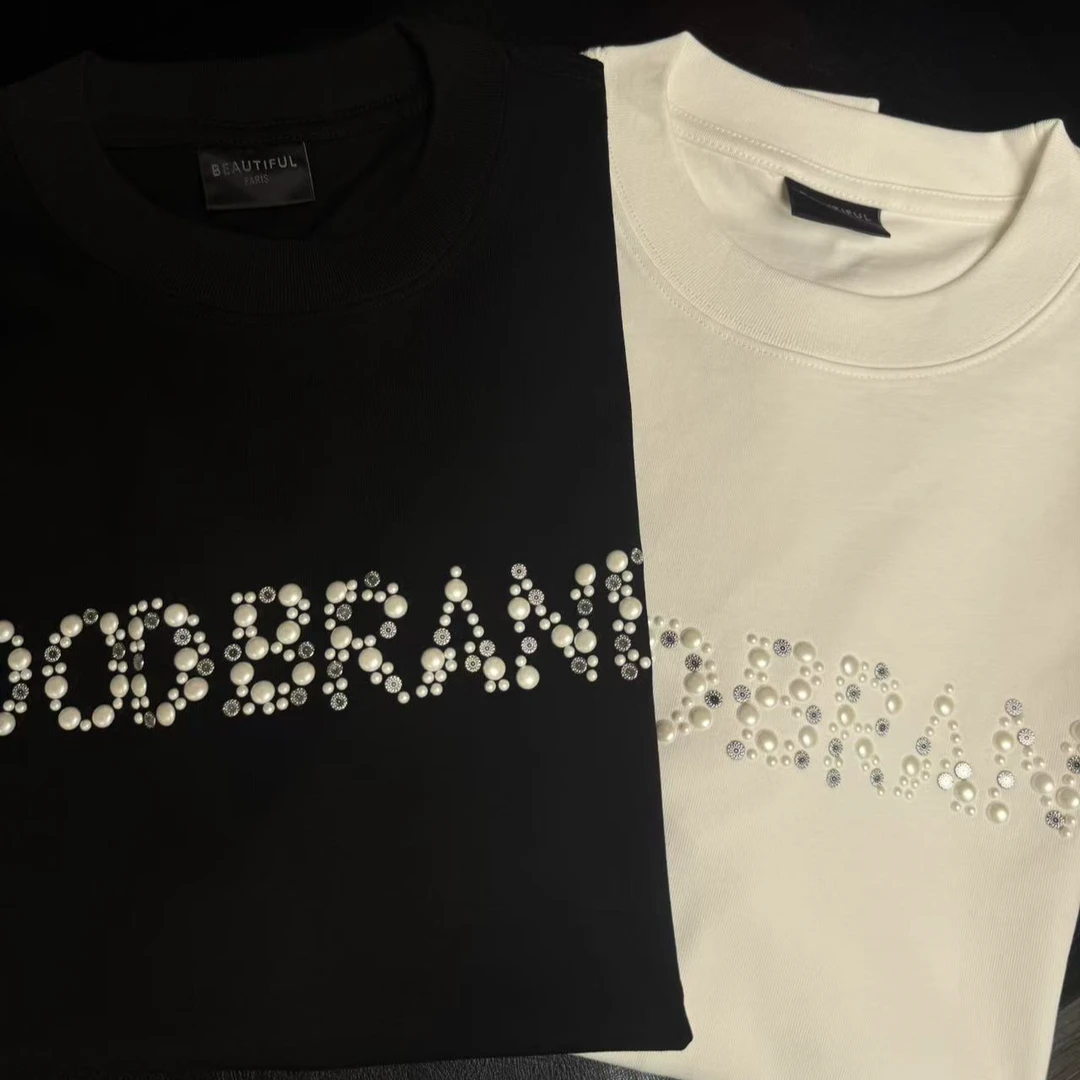夏季新款2025高街潮牌上衣 贝壳珍珠亮片宽松高级百搭美式短袖t恤