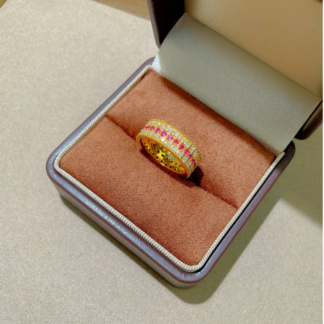 瑞诺黄金三排满钻戒指2025新款足金999中古轻奢生日礼物送女友