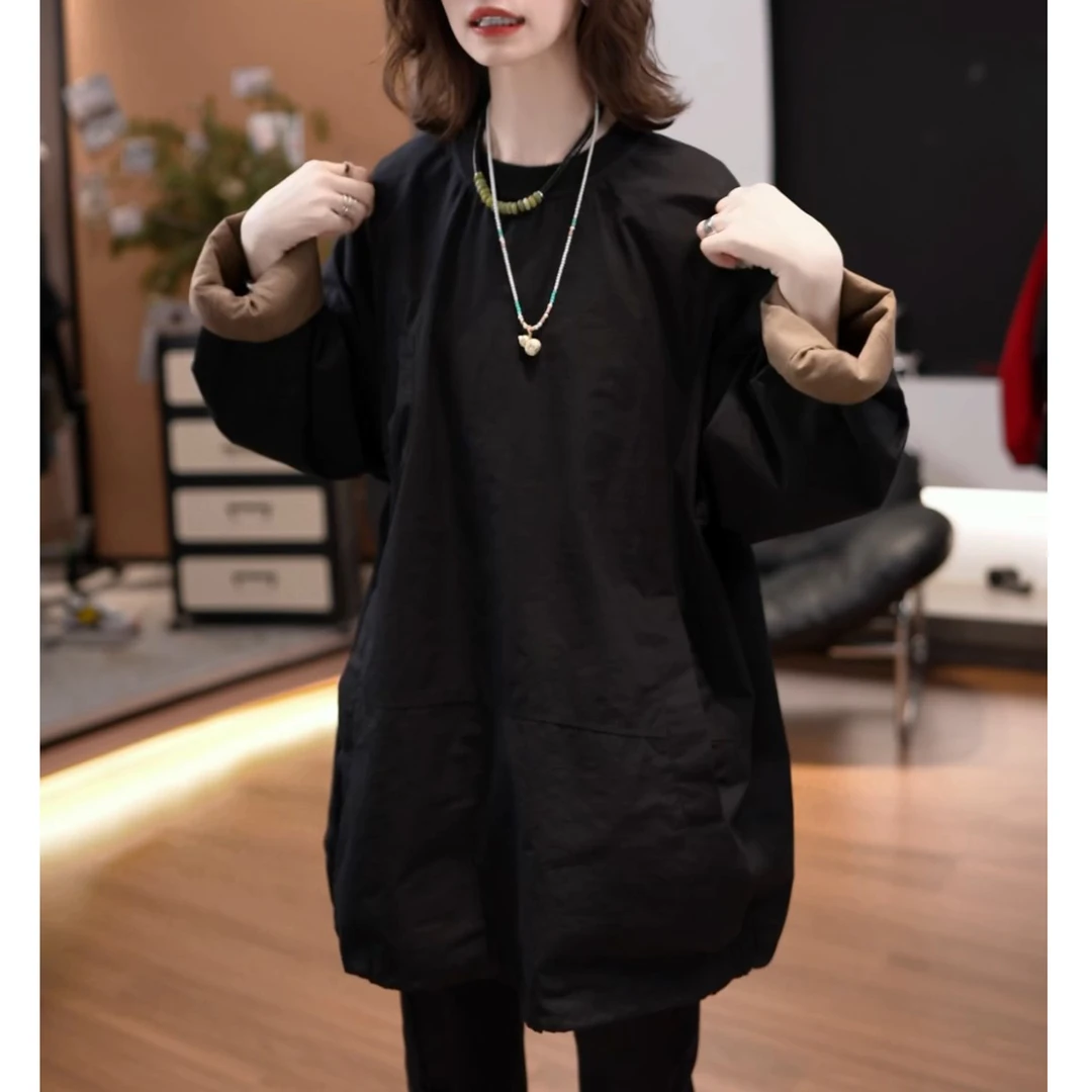 大码时尚宽松显瘦韩版卫衣2025秋季气质圆领花苞袖遮肉纯色上衣女
