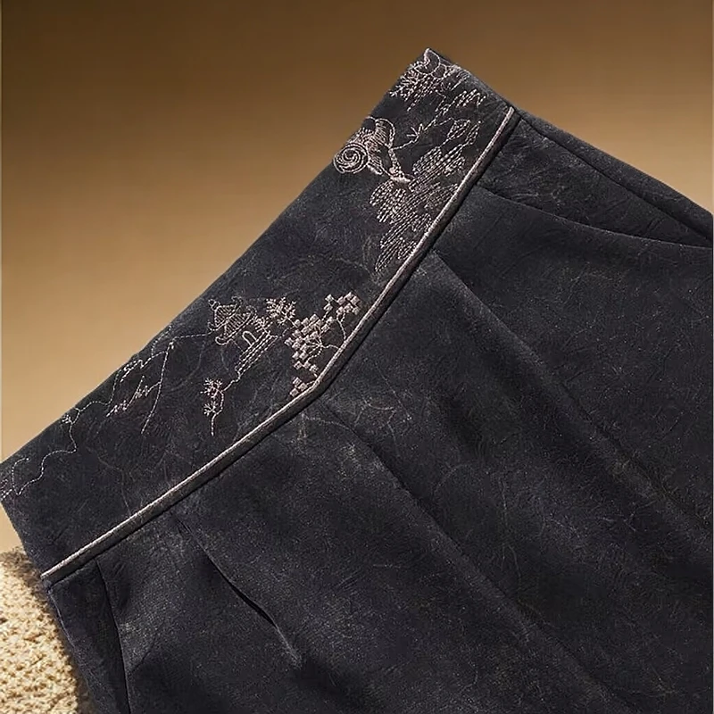 328【云锦坊】新款国风阔腿休闲亭台楼阁阔腿裤高腰时尚黑色