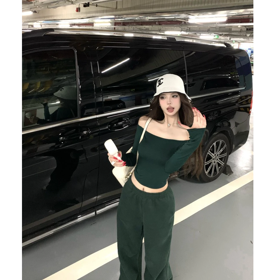 一字肩针织长袖T恤女夏季修身显瘦内搭短款辣妹露肩上衣配休闲裤