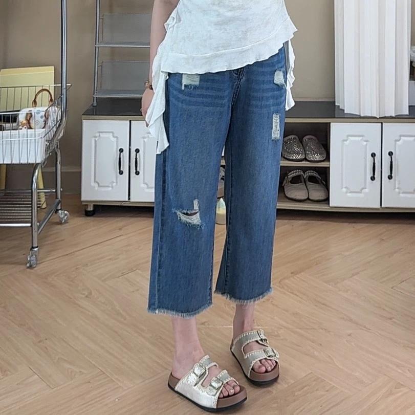 小个子九分蓝色破洞牛仔裤女秋季薄款2025高腰显瘦宽松直筒阔腿裤