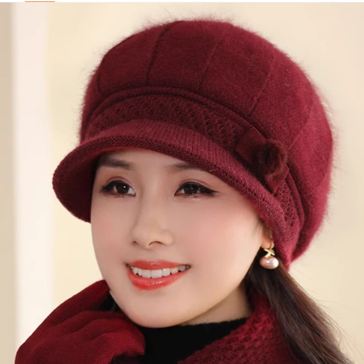 老人奶奶保暖加厚妈妈棉帽中老年妈妈加绒针织兔毛帽老太太棉帽子