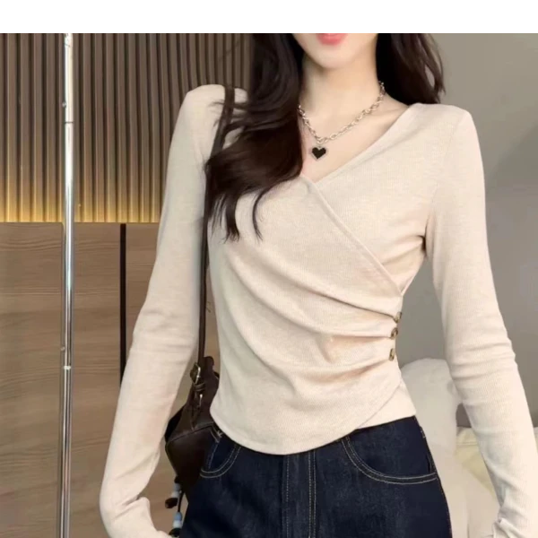 不规则设计时尚上衣春秋气质打底百搭网红洋气修身显瘦长袖小个子