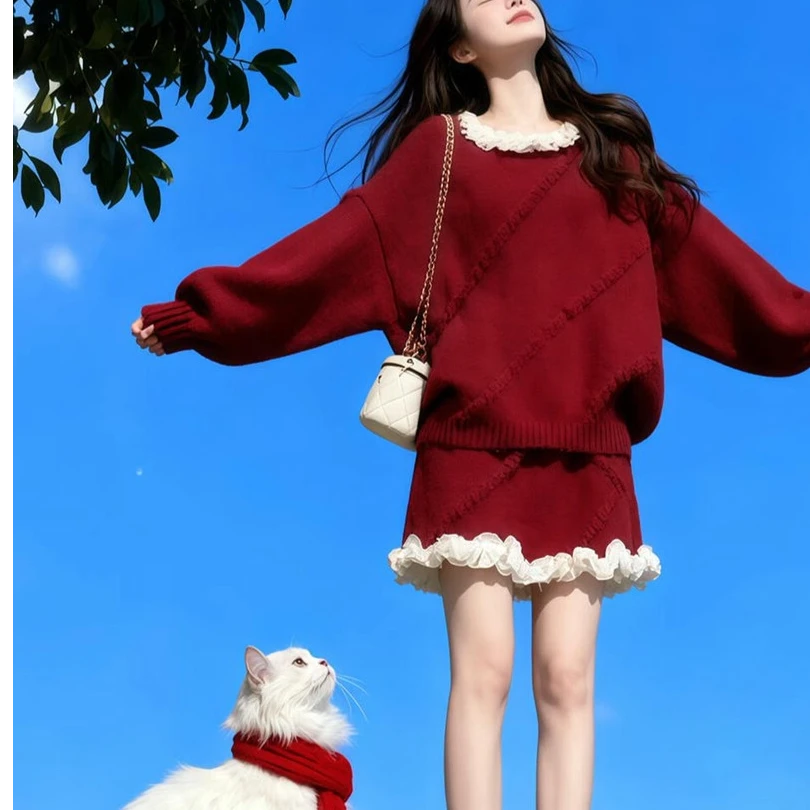 独特漂亮绝美小套装2025冬温柔风复古红色针织上衣A字短裙两件套