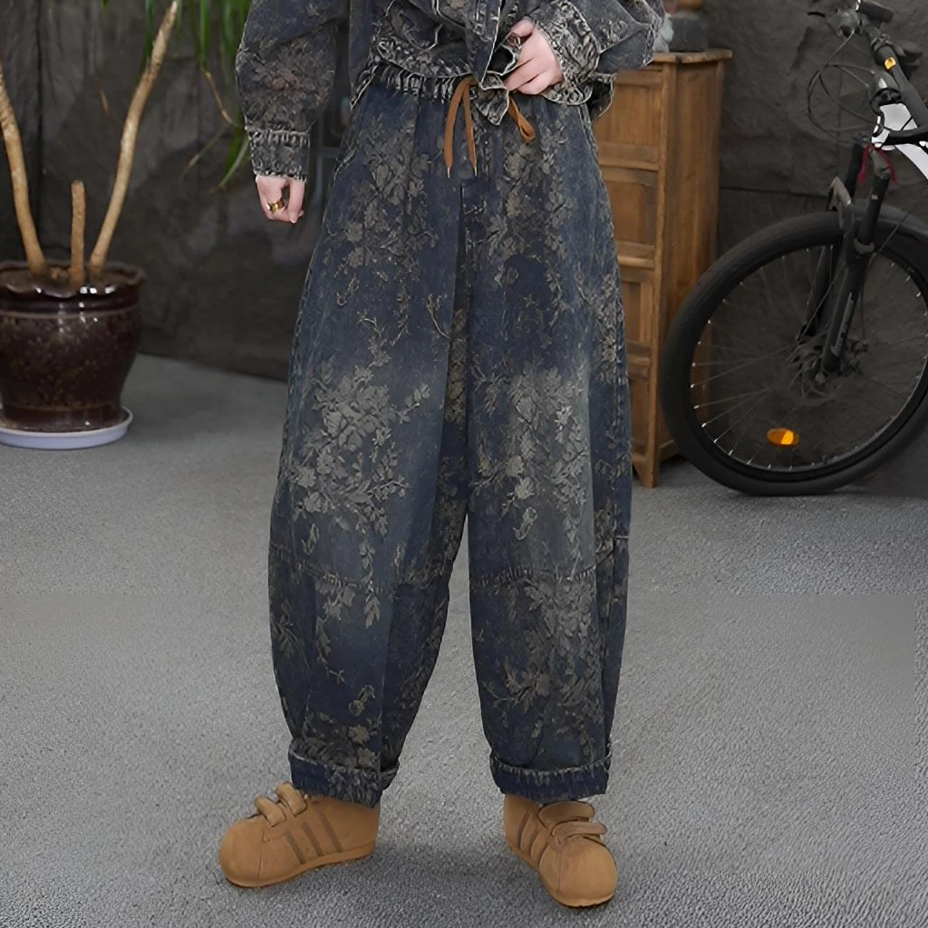 qq提花刺绣秋季春秋长裤高腰牛仔裤复古中国风裤子休闲