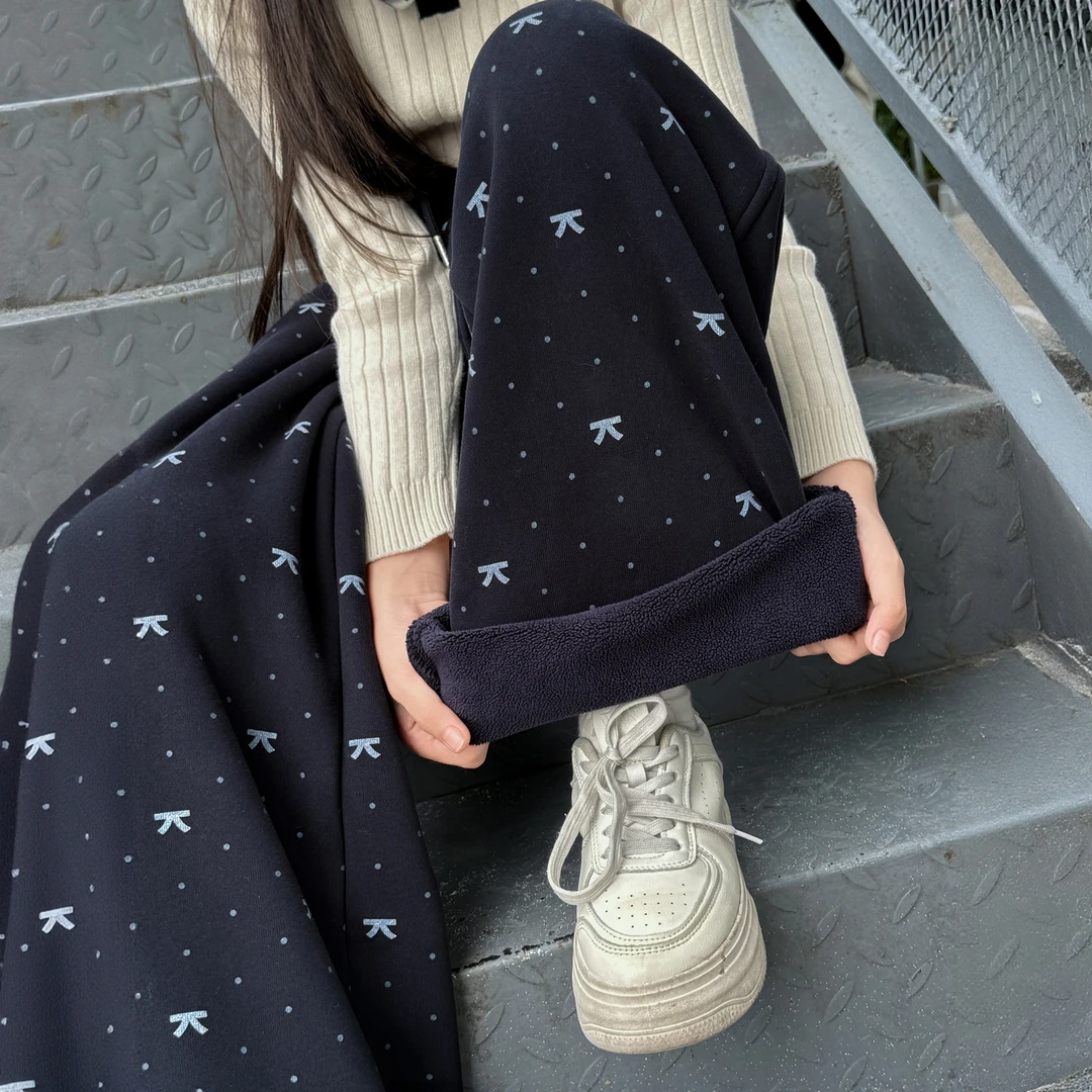 女童加绒加厚裤子冬季2025新款超好看大儿童一体直筒休闲阔腿裤薄