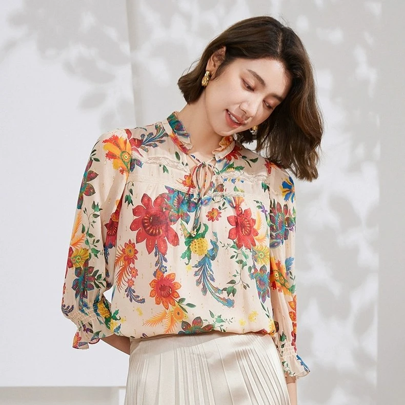 Gowani/乔万尼2025夏新款衬衫木耳边复古设计中袖上衣EM2C833