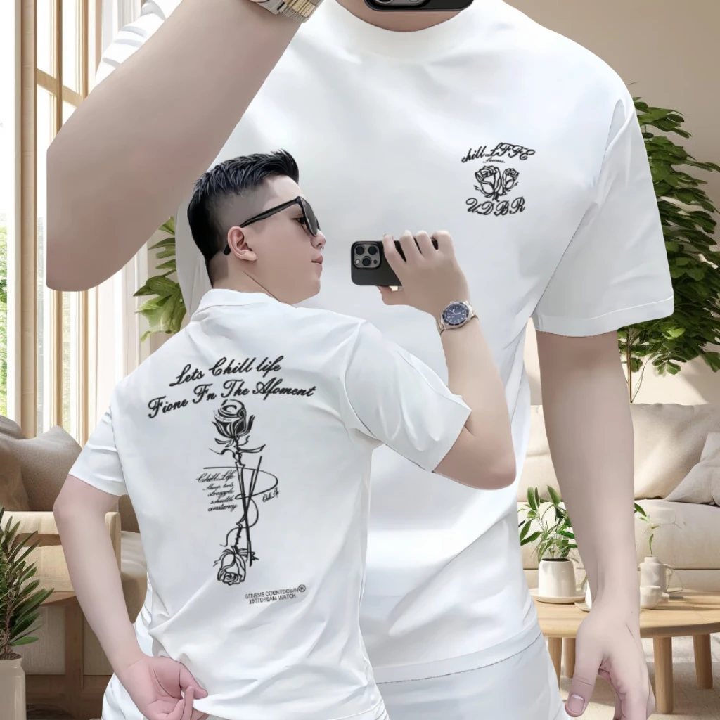 美式痞帅休闲半袖新款重磅轻奢百搭极简印花流行圆领时尚短袖T恤