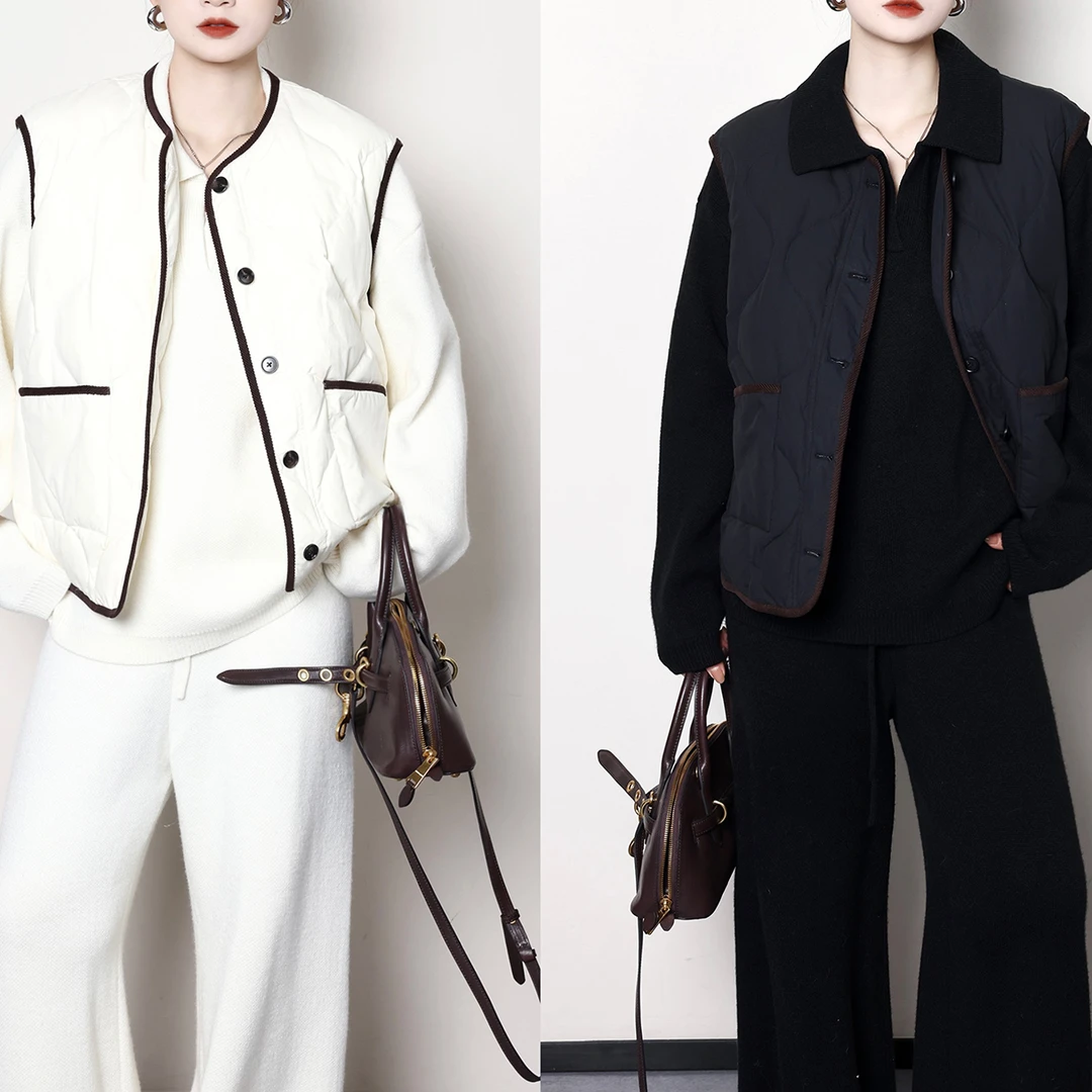 QC宣宣【冬梦】微胖大码女冬季时尚圆领拼接菱格羽绒马夹ZY411H58