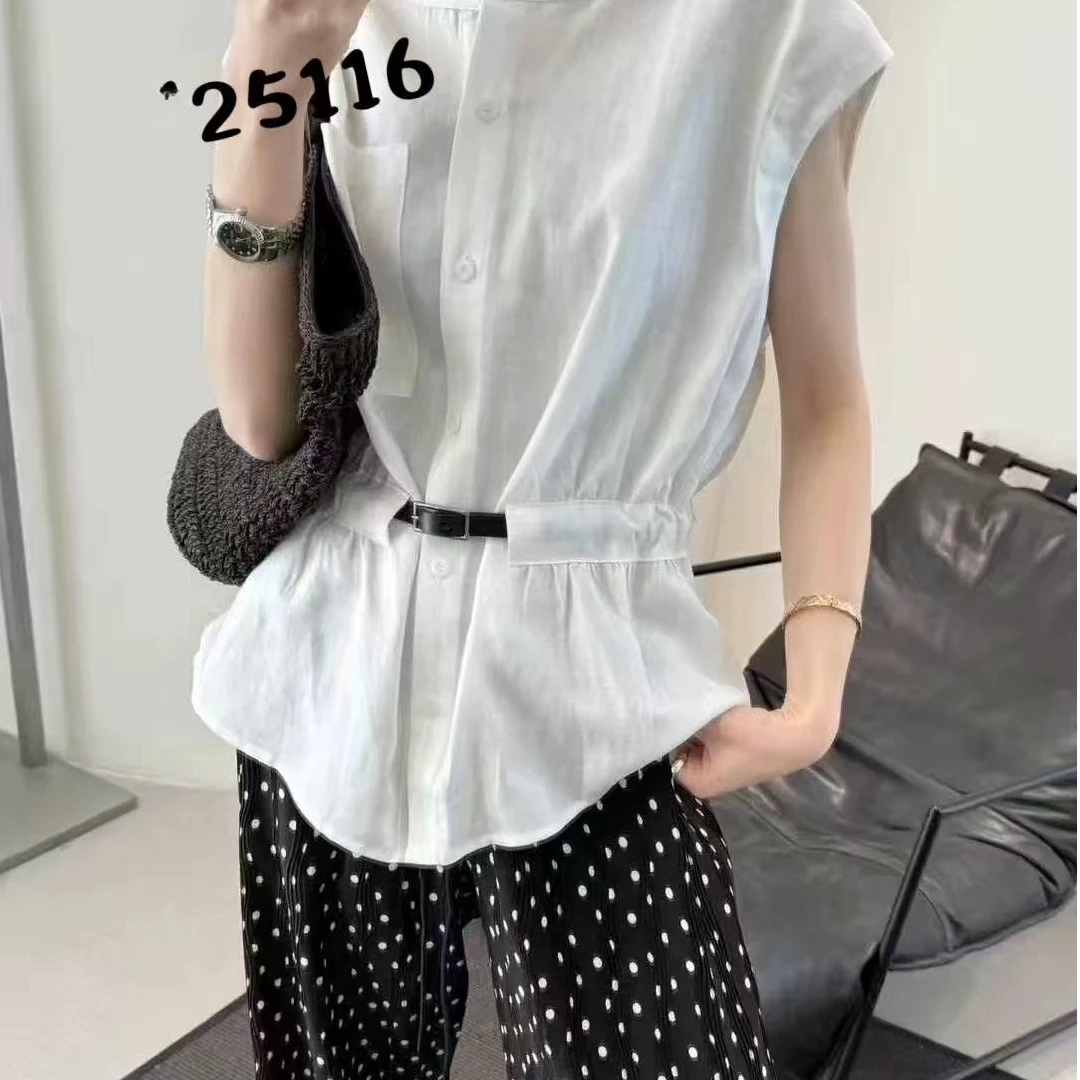 D25116时尚简约复古腰带设计轻薄透气衬衫