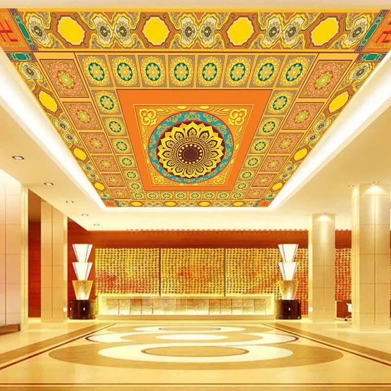 供佛莲花佛堂背景墙纸墙布禅意莲花天花吊顶彩绘壁画仙堂佛像壁纸