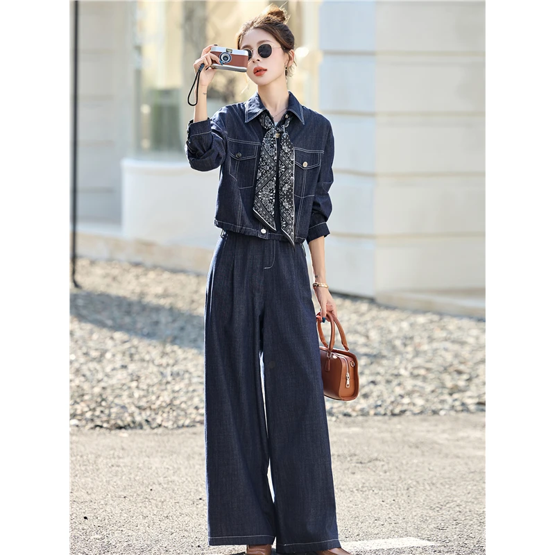 复古港风牛仔套装女秋季新款高级感时尚气质丝巾上衣阔腿裤两件套