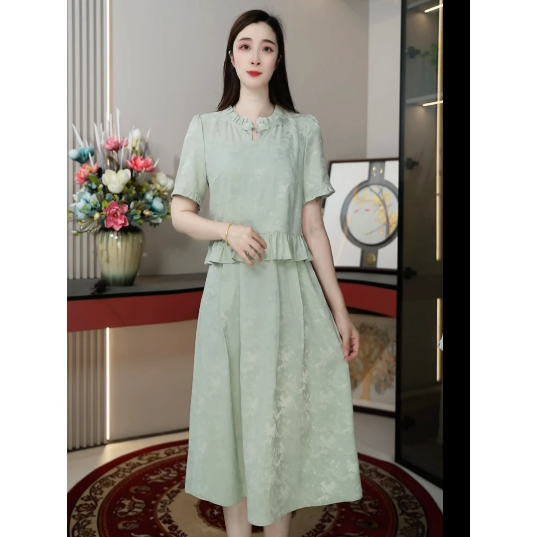 2525夏新款显瘦短袖连衣裙时尚洋气减龄遮肉修身气质中长款A字裙
