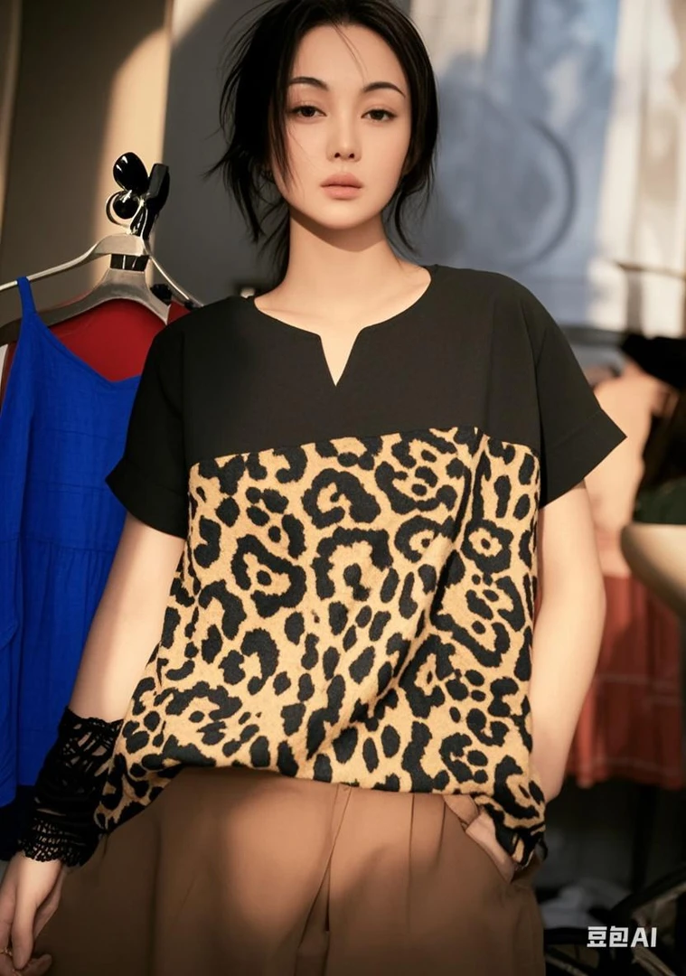 993黑色拼接豹纹外贸落肩背心