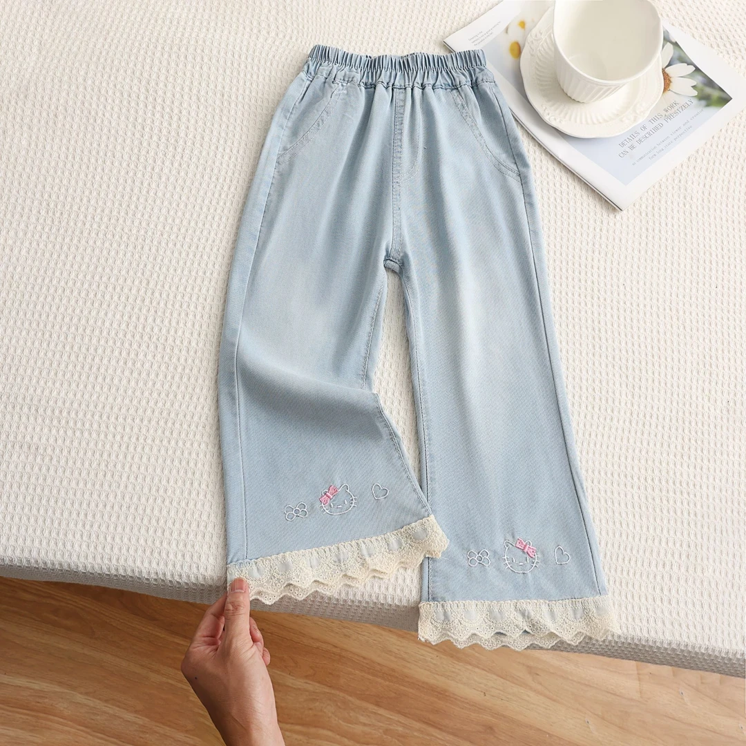 童装女童天丝牛仔裤夏装儿童洋气蕾丝喇叭裤女宝宝防蚊裤薄款