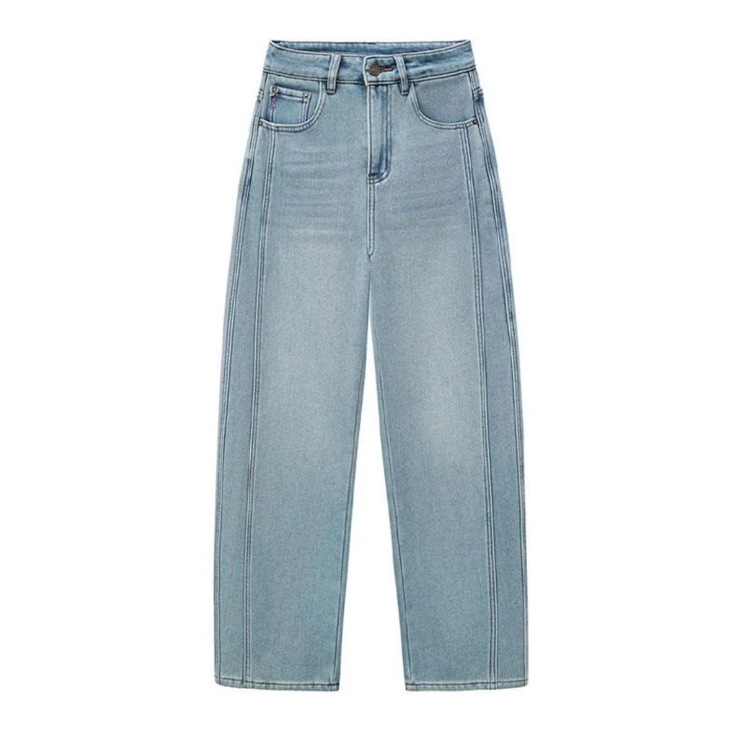 HG901高腰弯刀裤常规牛仔裤水洗夏季蓝色宽松阔腿裤百搭