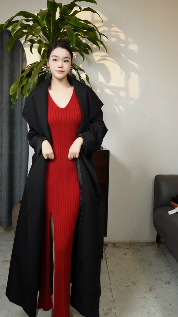 红色v领盖袖连衣裙 均码