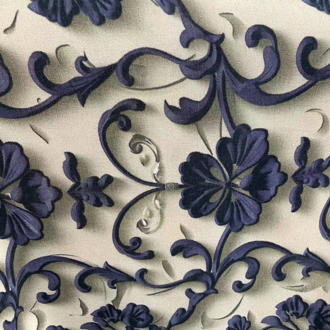 蓝花浮雕数码印花弹力双绉时尚面料（不支持7天无理由）