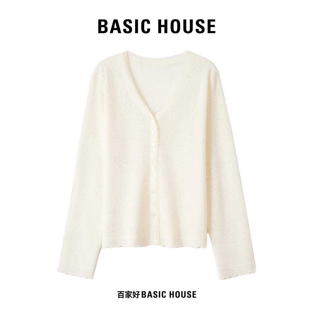 Basic House/百家好2025年新款V领宽松气质长袖针织衫E862 MM