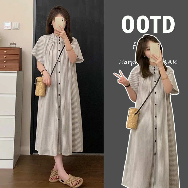 现货2025孕妇装新款FUGUI RICH假日风情条纹孕妇连衣裙设计感长裙