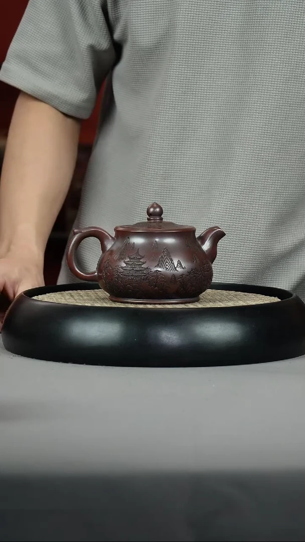 茶壶紫砂古乌泥 佛莲 刻虎
