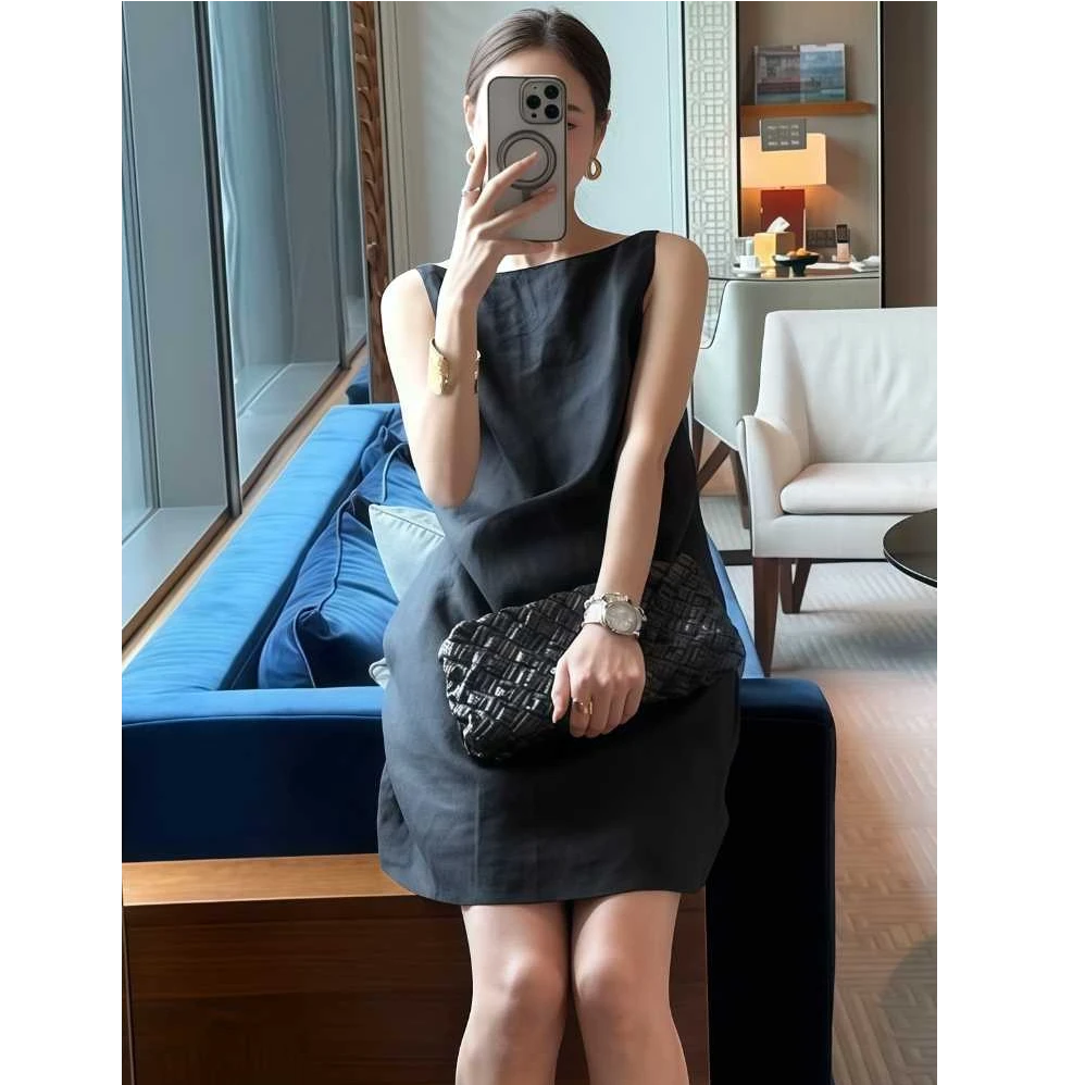 法式气质无袖背心连衣裙女2025新款夏季小个子高级感亚麻露背裙子