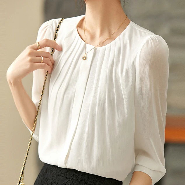 职业阿玛诗官女装2025春夏新款褶皱休闲圆领七分袖衬衫