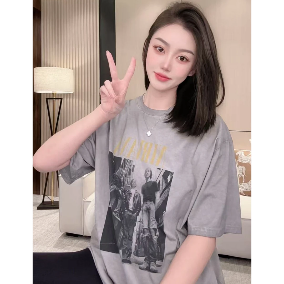 【AILIN】欧美风 时尚休闲百搭夏季宽松印花圆领设计感T恤