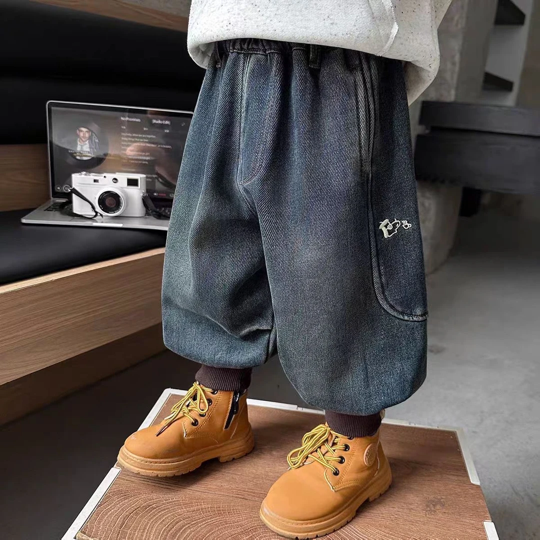 加绒灯笼裤男童长裤牛仔裤冬季一体绒时尚百搭帅气中小童束脚
