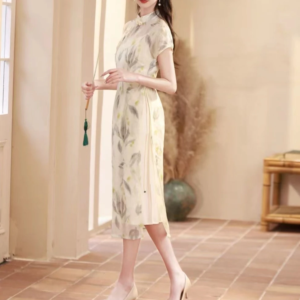 纱面奥黛叶纹吊带旗袍