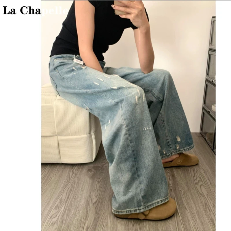 拉夏贝尔复古水洗抓痕磨破牛仔裤女春季设计感高腰直筒裤子女孩
