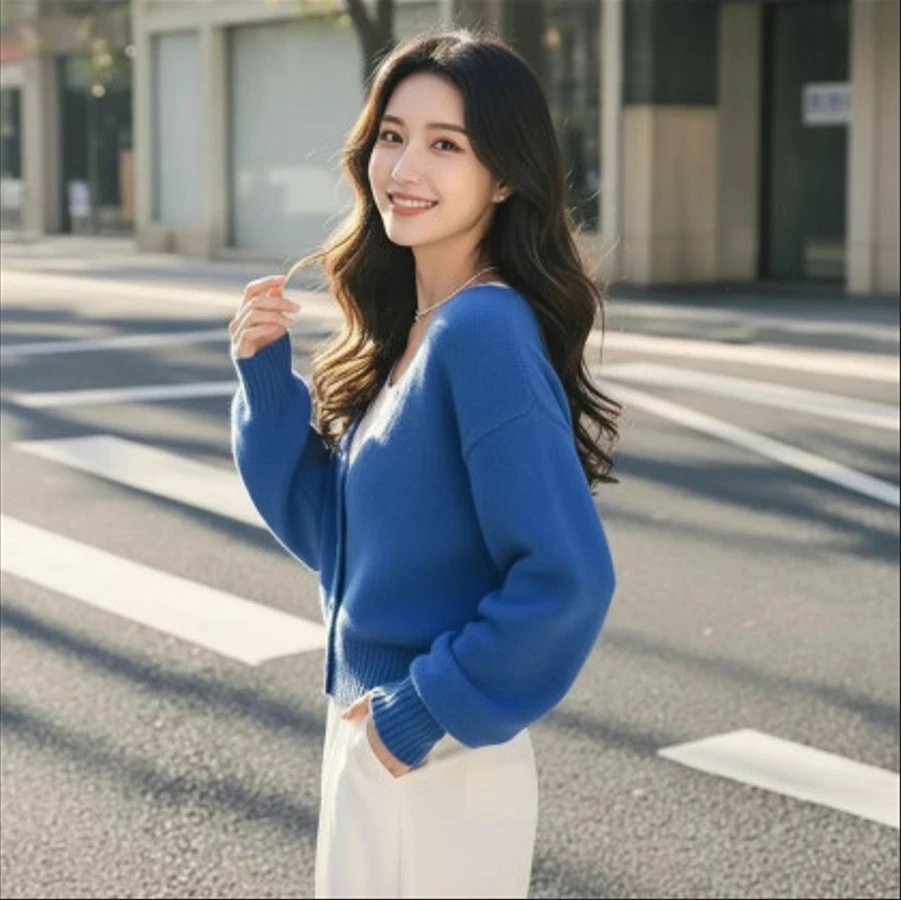 韩系宽松慵懒蓝色假两件针织毛衣女款2025新款秋冬上衣时尚洋气