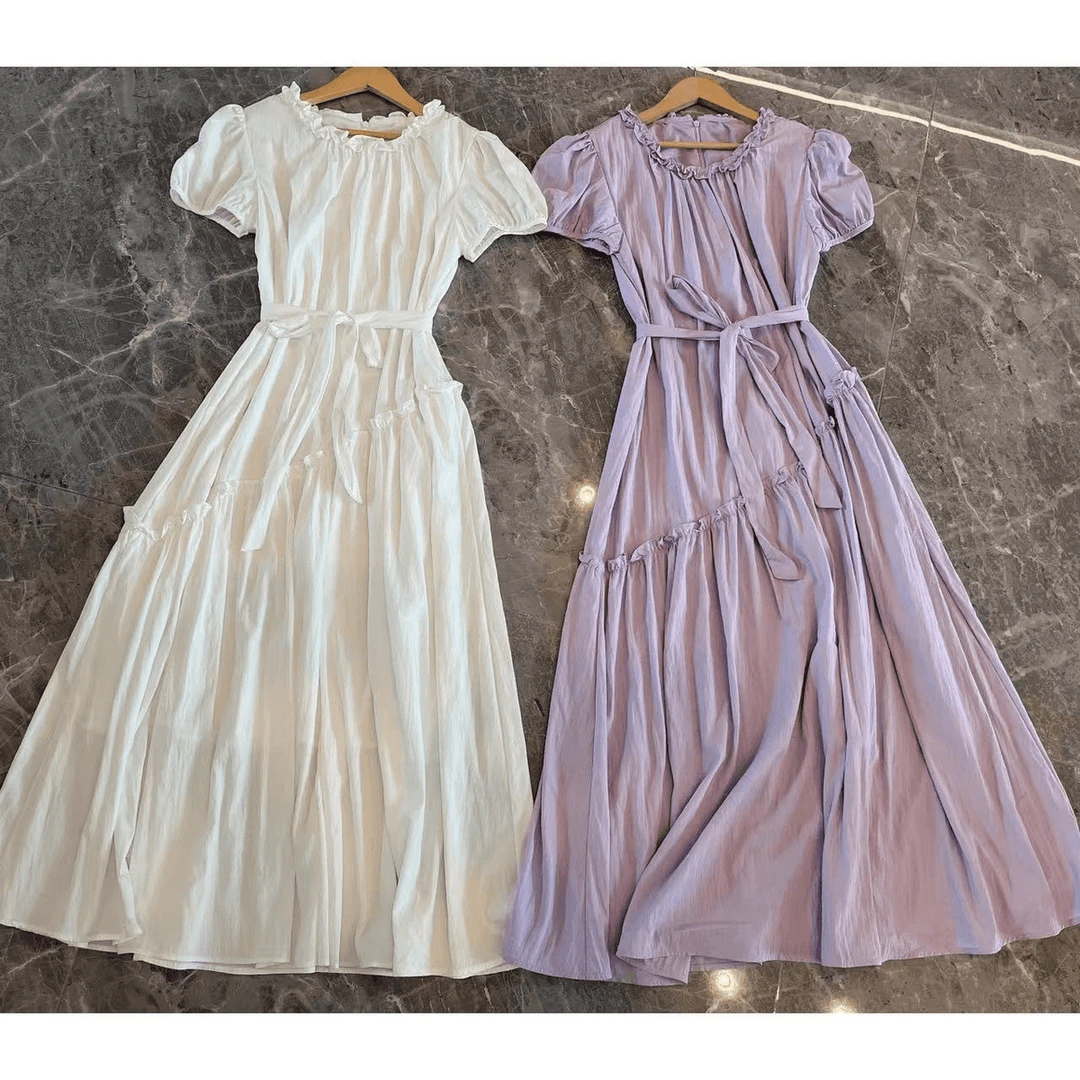 【SC-02】2025新款法式连衣裙收腰显瘦气质短袖圆领木耳边纯色裙女