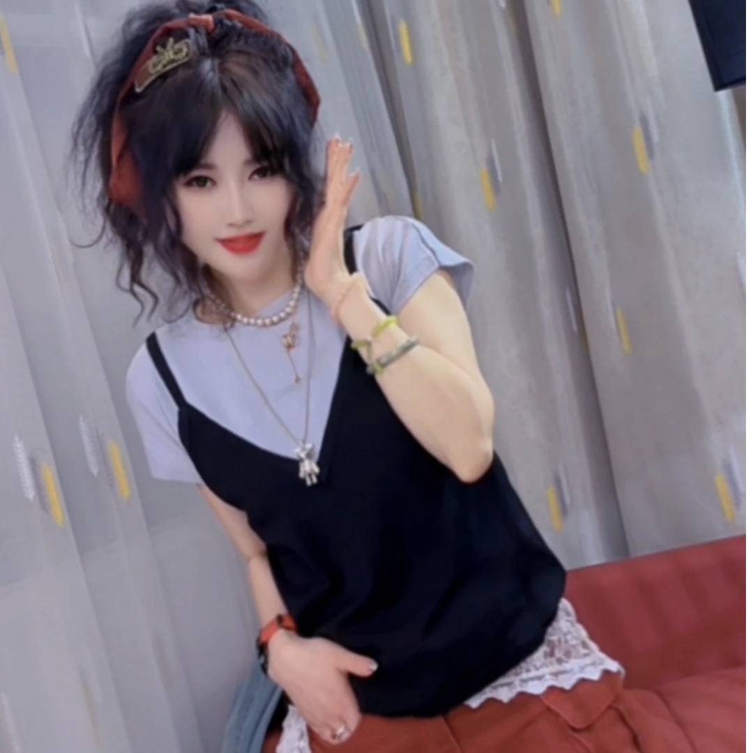 欧货假两件短袖t恤女夏季薄款宽松时尚高端大牌小衫假两件上衣