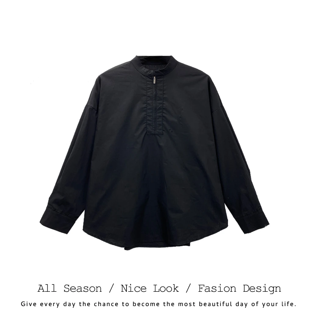 663        时尚黑色半开立领宽松百搭中长款衬衫     款号#88627