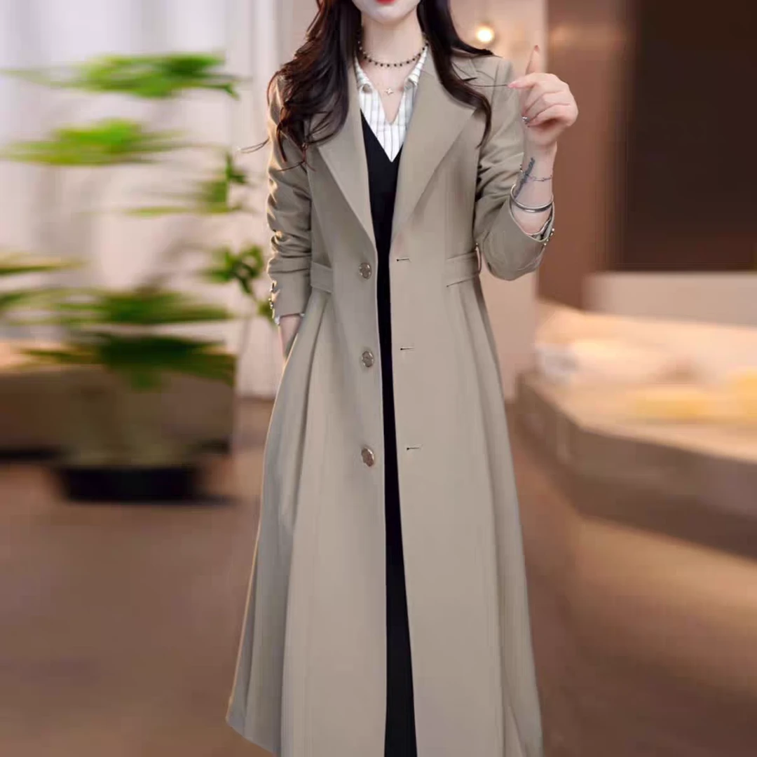 时尚气质长袖中长款风衣外套2025春秋保暖女轻奢西装修身收腰开衫