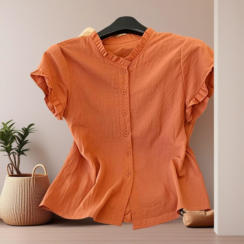 新款流行橘色短袖衬衣夏季潮款活力女士上衣时尚透气小衫多巴胺潮