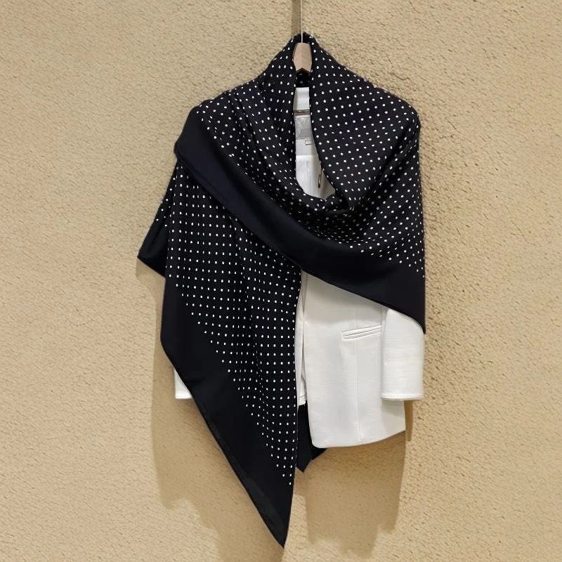 赫本黑白波点！70羊毛30桑蚕丝大方巾空调房披肩夏季女丝巾132*132