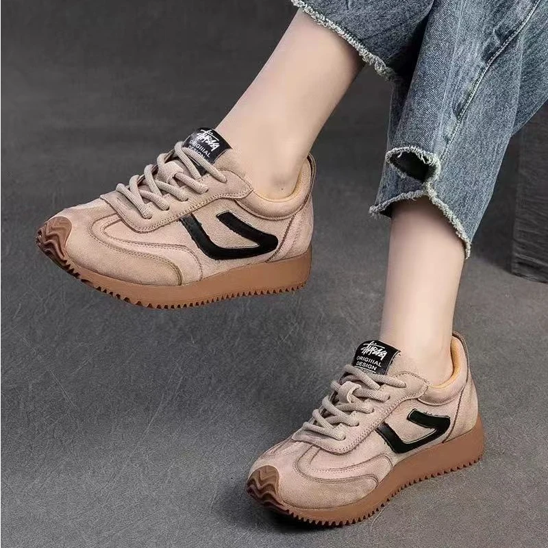 93-2百春季牛皮德训鞋单款透气平底系带休闲鞋子复古百搭阿甘鞋女