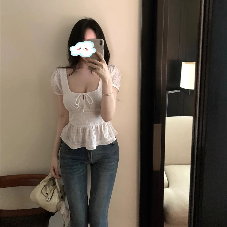 纯欲风蝴蝶结系带短袖T恤女夏季法式减龄收腰短款上衣