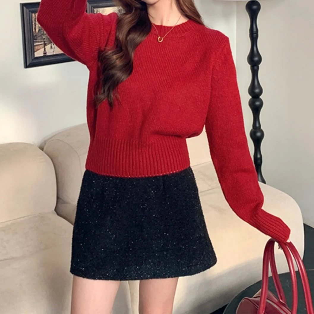 曼德西比利秋冬女士上衣圆领短款收腰新年红色本命年圣诞毛衣百搭