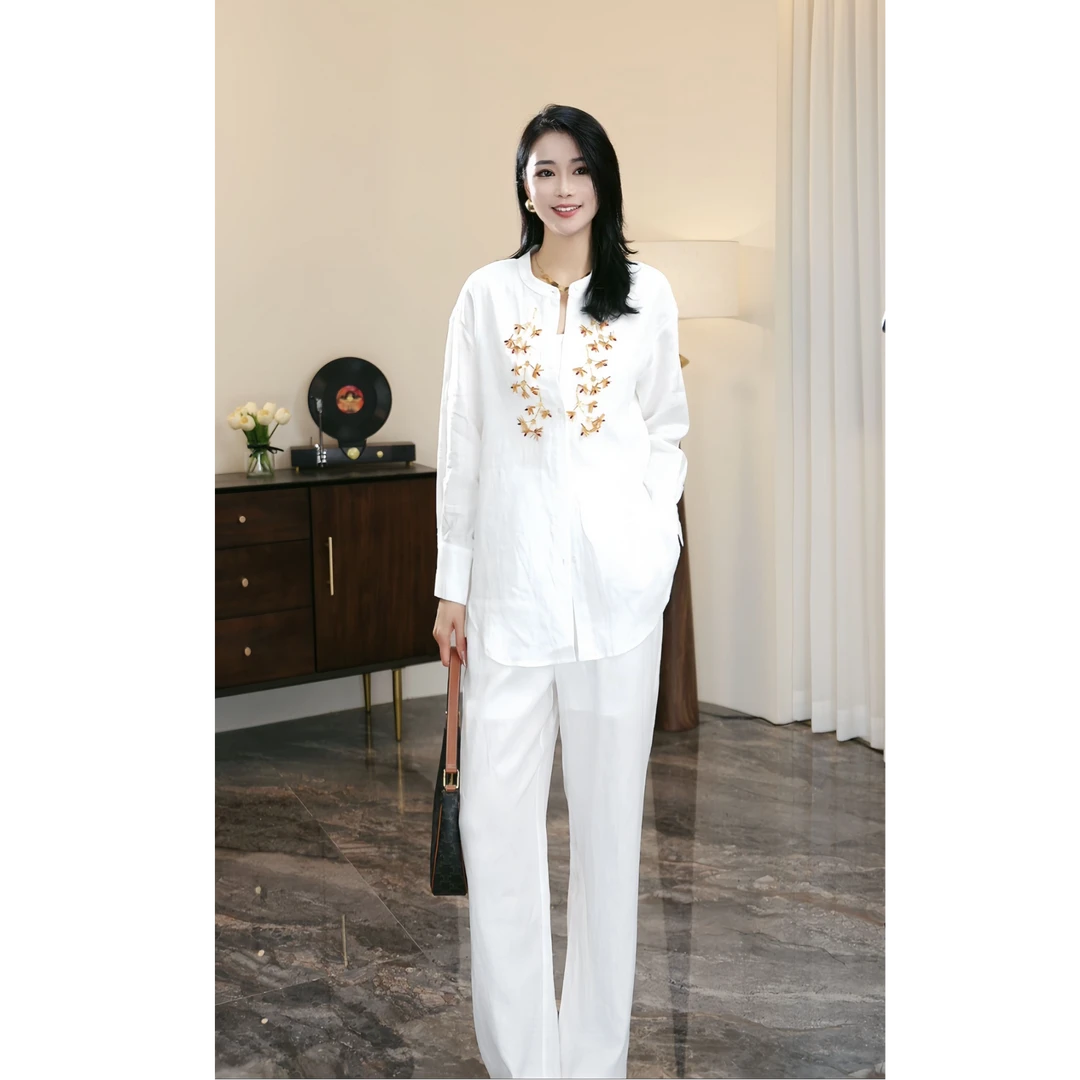 ZEROYK高级感老钱风时尚休闲套装重工钉珠小立领上衣阔腿裤两件套