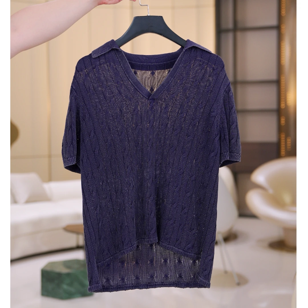 【冬姐精选】时尚休闲慵懒紫色透透针织T恤 0759