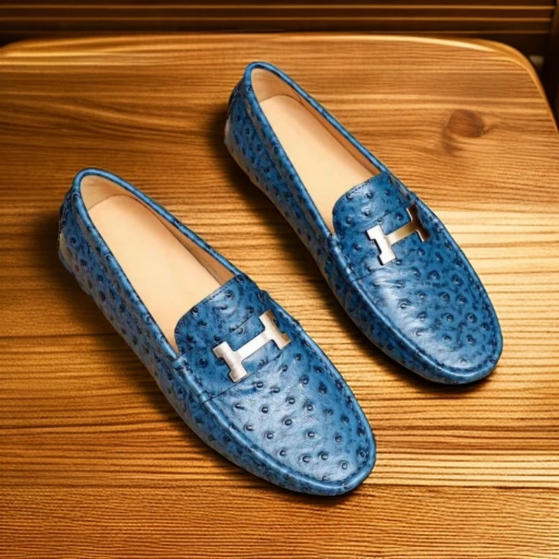 夏季潮流豆豆鞋男鞋新款休闲2025真皮皮鞋轻奢鸵鸟纹一脚蹬懒人鞋