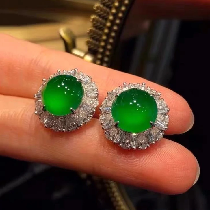 S925银针绿玉髓耳钉蛋面镶嵌款带猫眼冰透绿色轻奢百搭耳饰DE006