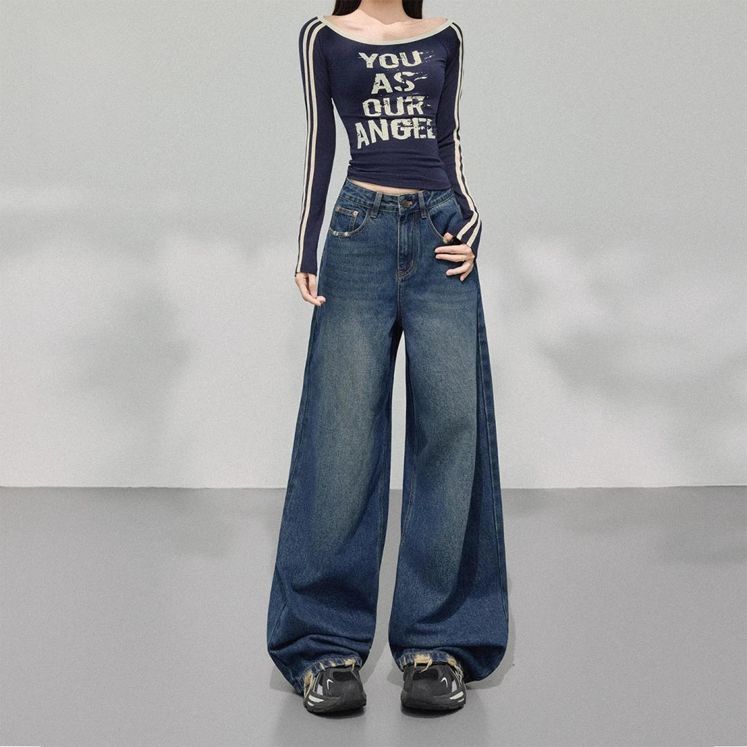 2025年新款秋冬牛仔美式复古深色拖地做旧设计感牛仔长裤百搭宽松